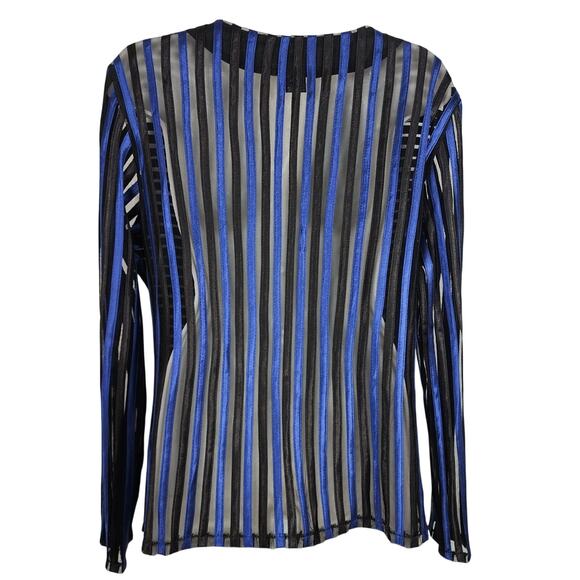 T&W Designs Women Jacket Full Zip Rosettes Striped Blue Black Sheer Long Sleeve - Picture 2 of 10